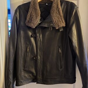 Men's Black Leather Jacket with Brown Shearling Collar